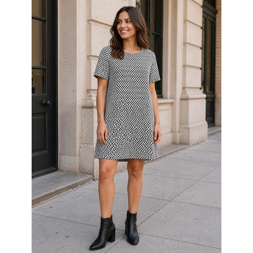 Zara Shift Dress Womens Medium White‎ Black Geometric Print Cotton Blend